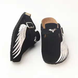 Men's Black Suede Clogs with Angel Wings Embroidery & Skull Buckle, Cork Footbed Slip-On Mules, Gothic Streetwear Birkenstock Style Shoes