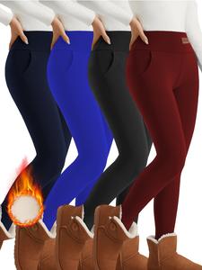 4-pack wool-lined women's pants with leather trim and pockets - ultra-warm, soft pants, insulate against cold weather, high waist, slim fit, windproof and comfortable for everyday wear