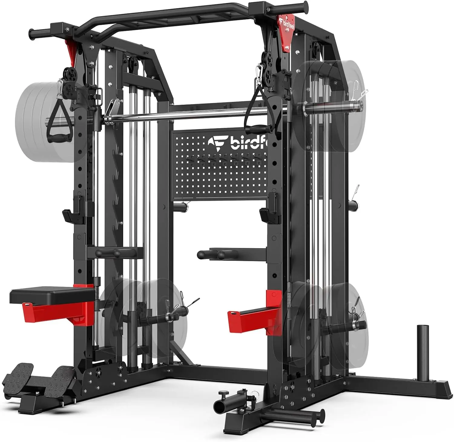 Pooboo 2000LB Multi-Function Smith Machine Power Cage, Home Gym Equipment with LAT Pulldown, Dual Pulley Cable Crossover, Pegboard and Attachments (the Smith Machine for Strength Training)