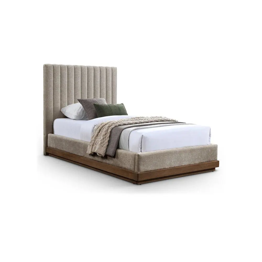 Contemporary Emmet Beige Chenille Fabric Twin Bed with Wood Base, Single