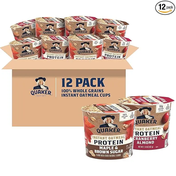 Quaker Instant Oatmeal Protein Express Cups, 10g Protein, 2 Flavor Variety Pack with Cranberry Almond & Maple Brown Sugar, Whole Grain Oats, 12 Count