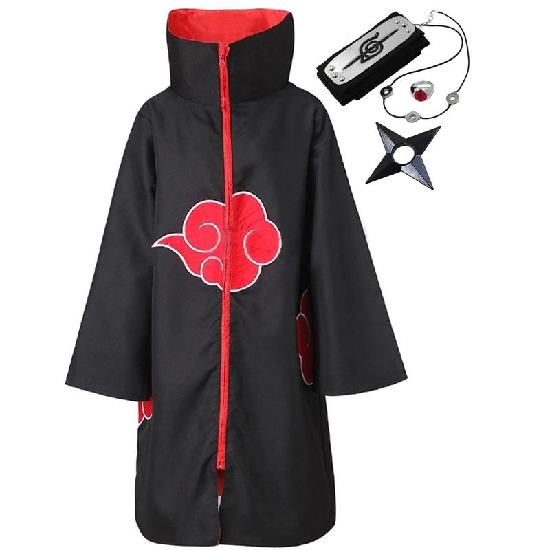Akatsuki Cloak for Kids Adult Long Black Robe Capes Halloween Carnival Cosplay Costume with Accessories