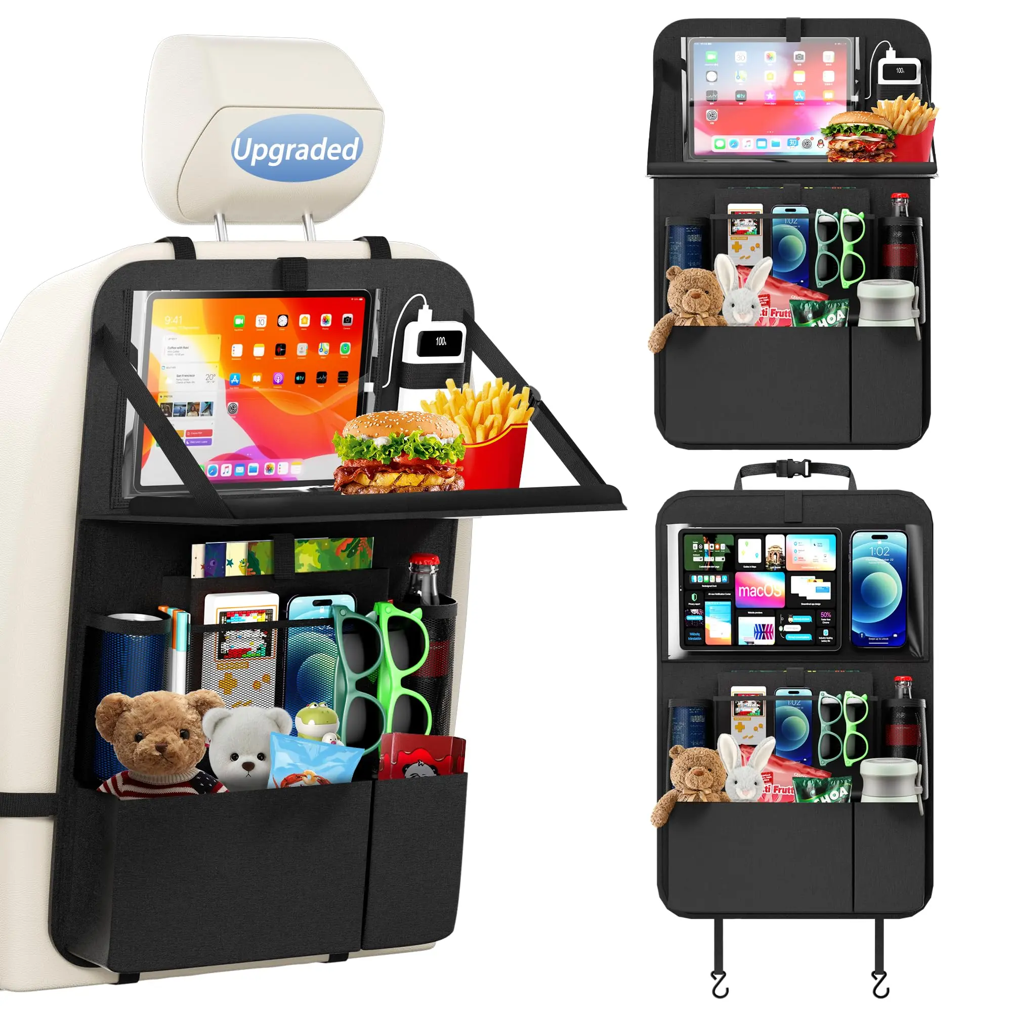 Car Backseat Organizer with Foldable Table Tray | 9 Pockets + Tablet Holder + Kick Mats | Waterproof 600D Oxford | Must-Have for Family Road Trips with Kids