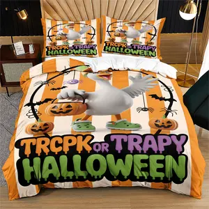Halloween Striped Cute Animal Duvet Cover, Includes Pillowcase, Holey Shoes White Goose,Pumpkin Bat Spider Bedding, Perfect Gift for Holiday Decoration