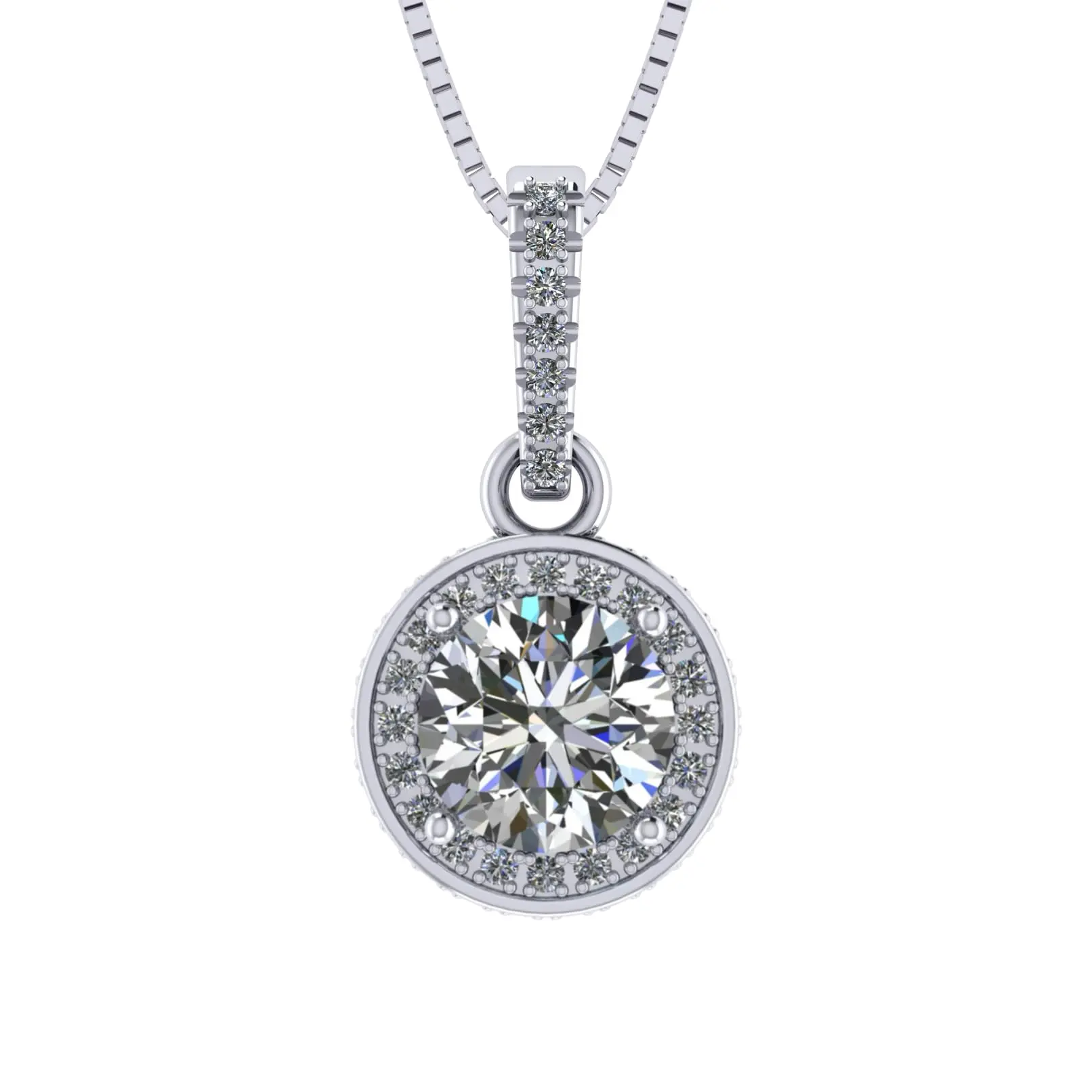 Round Simulated Diamond Solitaire Necklace/Pendant- Double Halo from 1 to 3 carat center- Sterling Silver