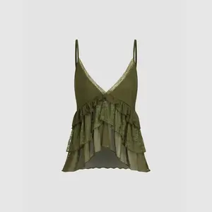 Cider Mesh V-neck Floral Lace Trim Ruffle Cami Top