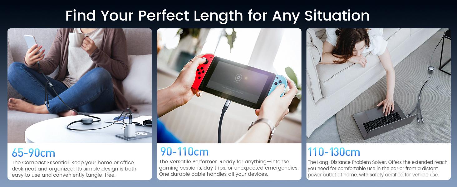 Retractable Charging Cable, W USB C Fast Charger Cable  in  with [cm] Adjustable Length, MultiPort Cord for Laptop, Phone, Car, Travel  PD./QC. (Grey)