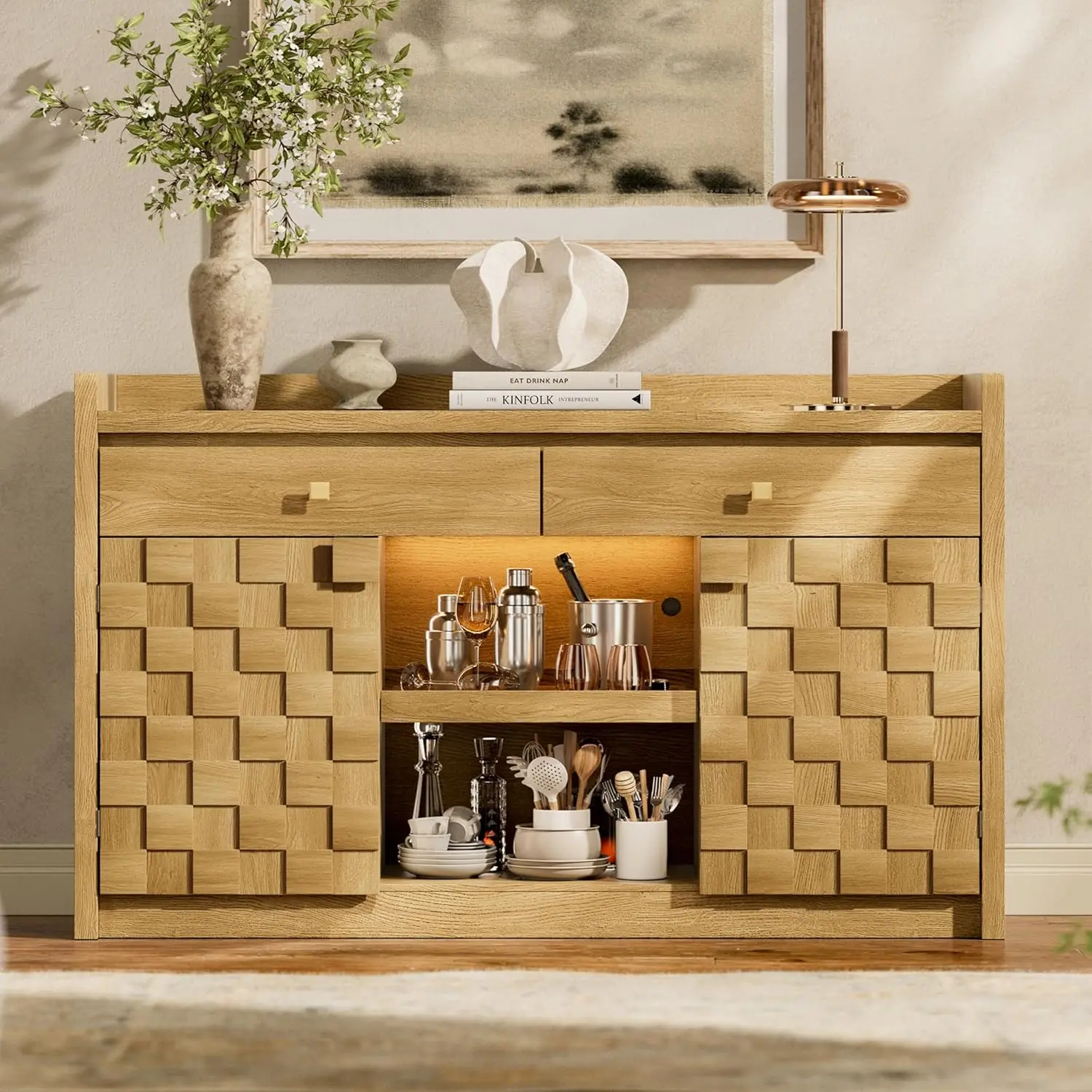 STO'SENSE 55" Sideboard Buffet Cabinet with Charging Station & LED Light, Coffee Bar Cabinet with Drawers, Pull-Out Shelf & Door Rack, Modern Storage Cabinet for Kitchen, Dining Room