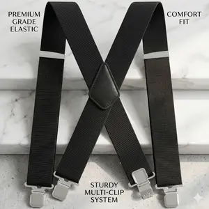 Heavy Duty 2" Wide Black Elastic X-Back Men's Suspenders with 4 Strong Clips