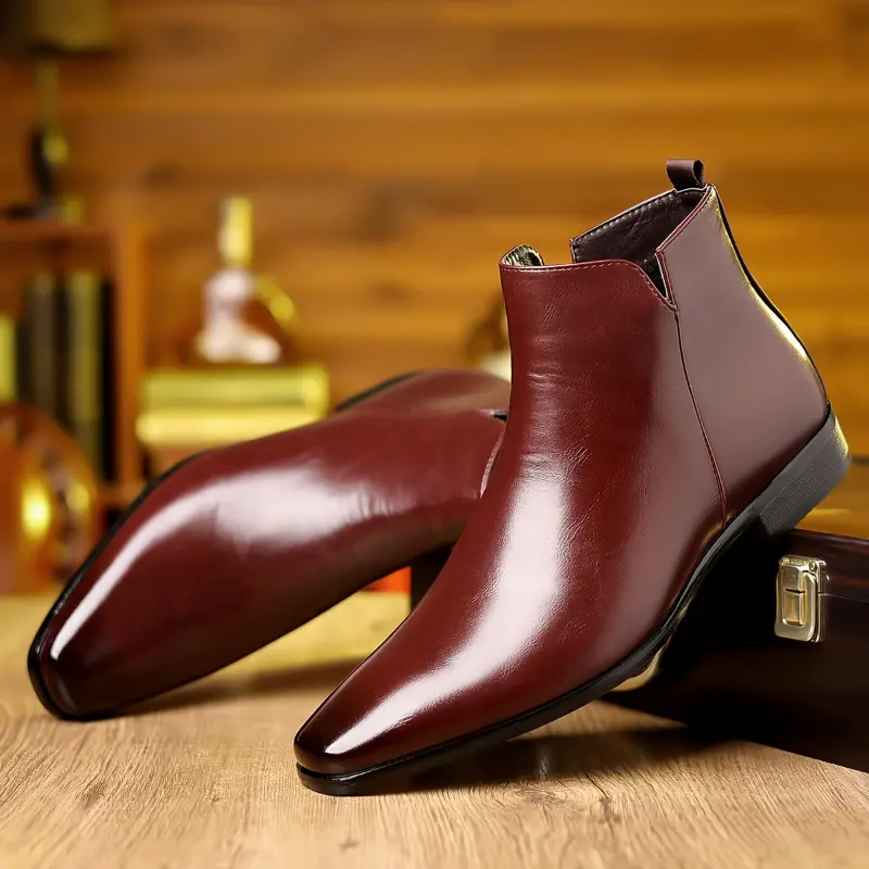 [Stylish Ankle Boots] Stylish Burgundy Boots for Men & Women - Slip-On Ankle Boots with Rubber Sole, Pointed Toe & Chunky Heel, Durable Pu Material, Casual Chic Footwear Girl Walking Shoes