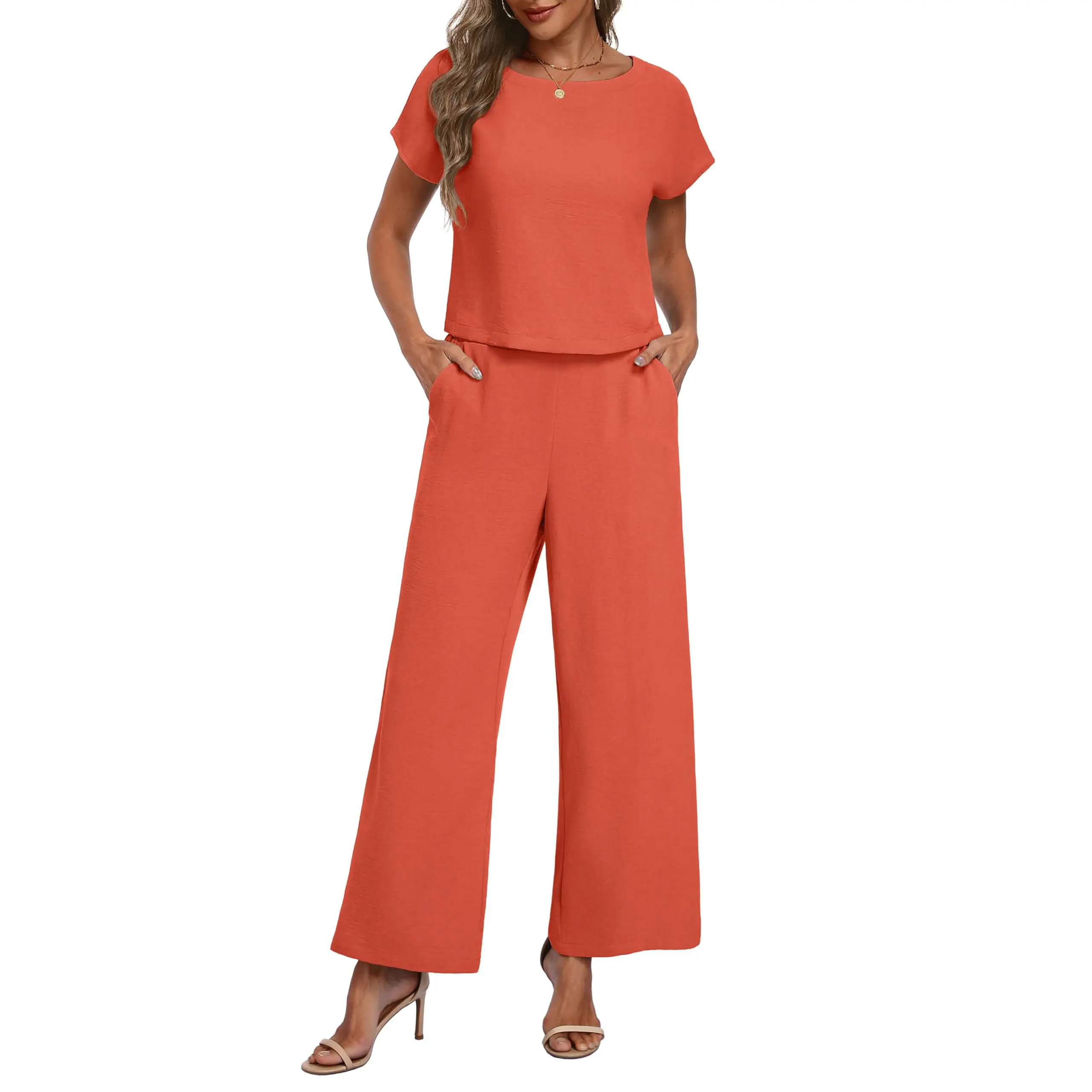 Lepunuo 2 Piece Sets for Women Summer Cap Sleeve Crop Top Wide Leg Pants Matching Lounge Set Vacation Beach Travel Outfits