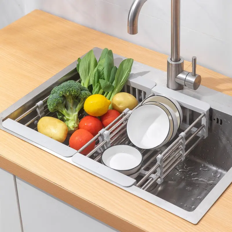 Adjustable Stainless Steel Sink Filter, Rectangular Vegetable and Fruit Drain Basket Rack, Multi-Functional Kitchen Organizer Tool, Stainless Steel Drainer, Kitchen Sink Strainer, Strainers for Kitchen