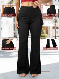 Plus Size High Waist Flared Yoga Pants, Tummy Control Butt Lift Side Pockets, Stretchy Slim Fit Casual Workout Pants for Fitness Running Daily Wear