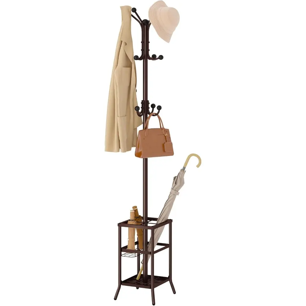 Freestanding Coat Rack, Coat Rack Stand With Umbrella Holder, Metal Coat Tree With 12 Hooks, Tree Clothes Hat For Entryway, Hallway, Bedroom, Living Room & Office-Brown