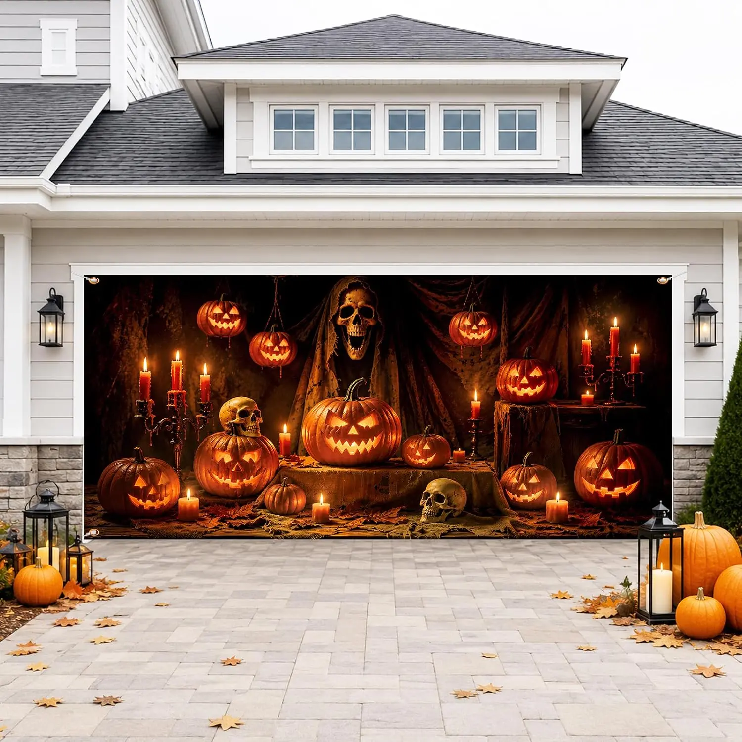 Halloween Garage Door Cover,Halloween Party Supplies Large Pumpkin Skeleton Hanging Backdrop Door Cover Halloween Garage Wall Decorations for Outdoor Photography Party