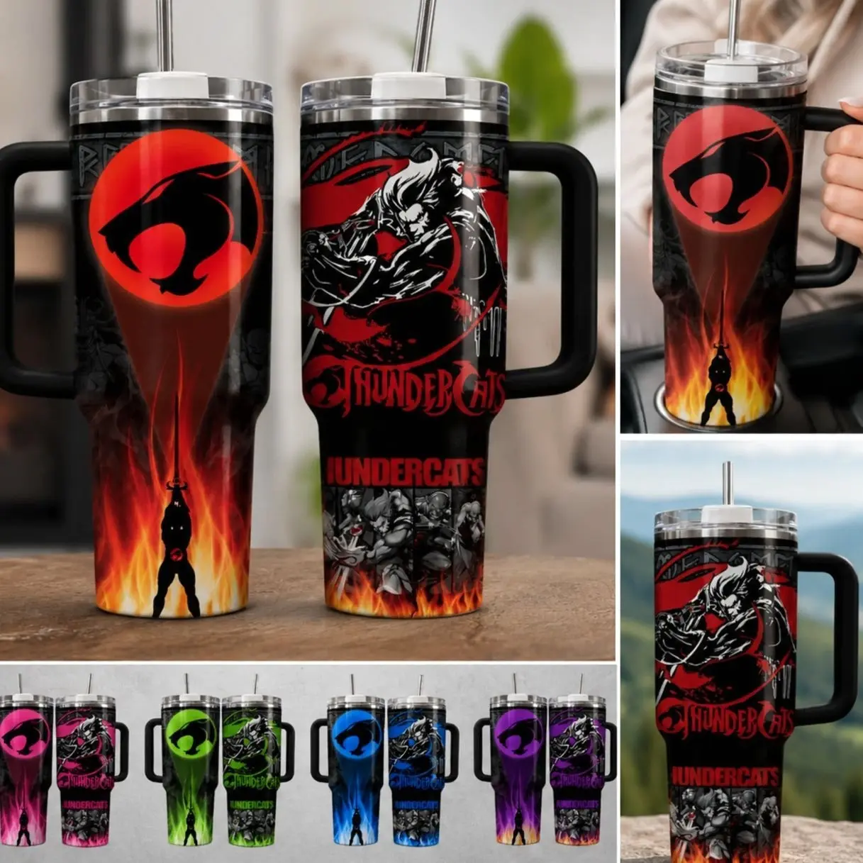 Retro Thunder Cats 40oz Tumbler with Handle, Red & Black Warrior Cat Stainless Steel Insulated Travel Mug with Straw, Vintage Cartoon Drinkware Gift