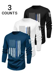 Men's 3-Pack Knit Round Neck Long Sleeve T-Shirts, Patriotic Flag Print, Breathable Fabric, Elastic Design, Casual Fashion, Knitwear