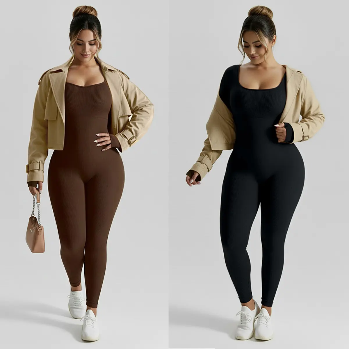 Women's Long Sleeve Slim Fit Ribbed Seamless Square Neck Exercise Jumpsuit Elastic Sportswear for Outdoor Activity Full Arm Coverage Comfortable Fit