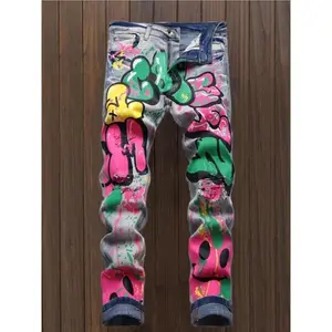 Men's Graffiti Print Distressed Jeans, Casual Comfy Regular Fit Straight Leg Jeans for Daily Wear, Fashion Men's Bottoms for All Seasons, Cotton, Graphic Jeans