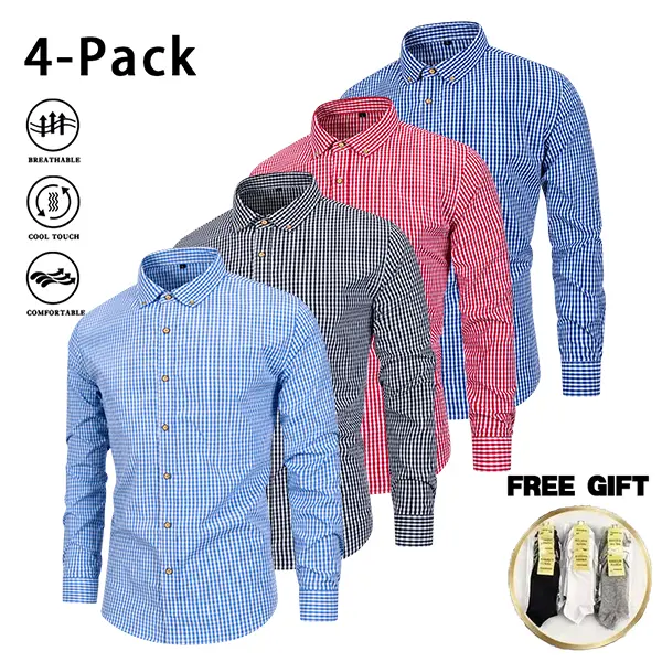 Multi-pack men’s British-style workwear long-sleeve shirts with a turn-down collar and contrasting color design; breathable, stylish casual business tops for spring and summer, versatile for layering.