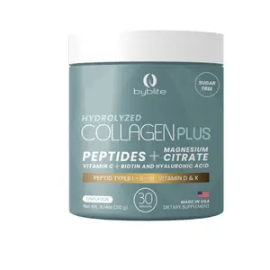 Hydrolyzed Collagen Plus Byblite, Peptides I. II y III , citrate magnesium ,  Supplement Dietary, Hyaluronic acid, biotin and Vitamin C, D and K,  Healthcare benefits. Beauty supplements and Protein.