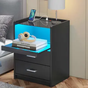 SIKAIC Modern Black Narrow LED USB Nightstand - Side Table with Multi-Mode LED Light Strip, Compact Tower Unit with 2 Smooth Sliding Bins for Bedroom, Living Space Organization