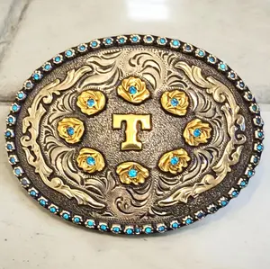 Western Style Buckle Handcrafted Copper Base With Initial Letter T