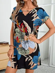 Tropical Plant Print V-Neck Short Sleeve Dress, Loose Comfort Fit, Essential Summer, Perfect for Travel and Leisure