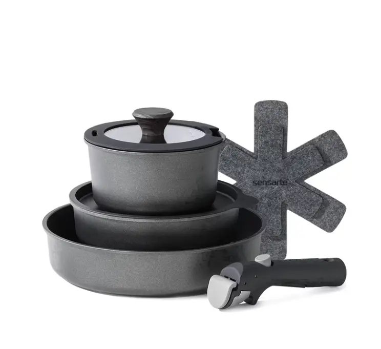 SENSARTE 8-Piece Nonstick Pots and Pans Set with Removable Handle, Black Healthy Cookware Sets, Induction Compatible, Dishwasher/Oven Safe, Healthy Cooking Set for RV & Camping