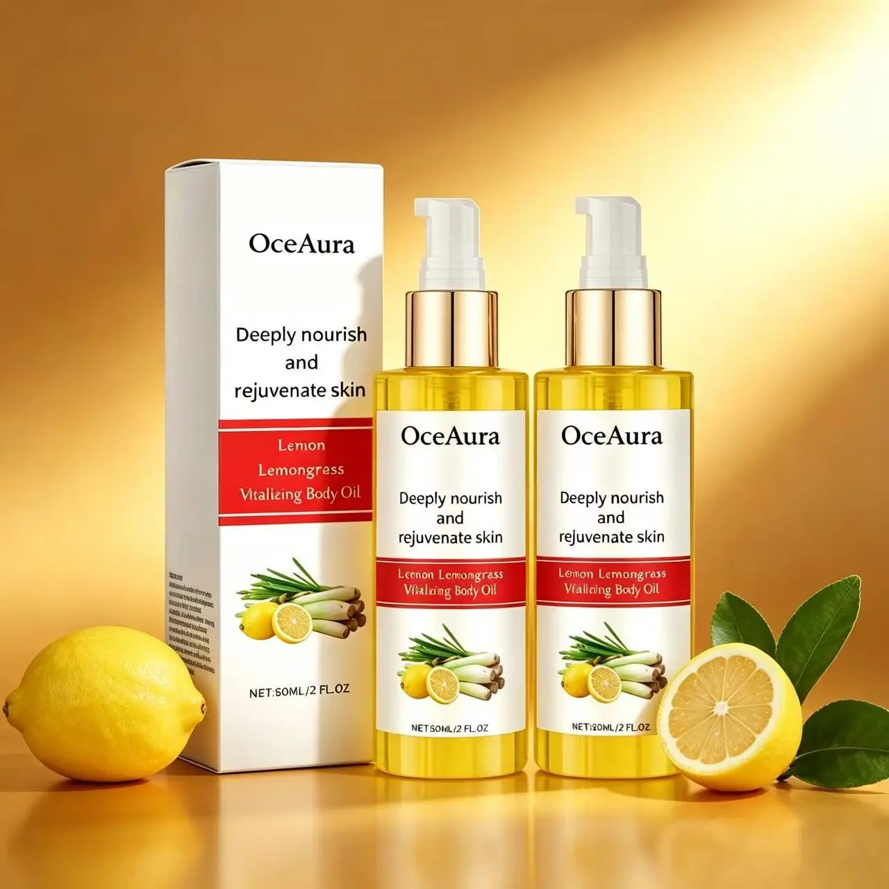 OceAura Lemon & Lemongrass Moisturizing Body Oil, light lemon fragrance  , suitable for bathing and   skincare massage aromatherapy ; moisturizing body oil soothes, repairs, provides long-lasting hydration, and brightens skin, 2 oz (60 ml).