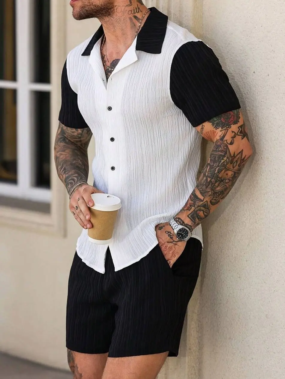 Men's 2 piece sets - Men's Patchwork Short Sleeve Shirt and Shorts Set, Contrast Color Casual Summer Matching Outfit men shorts summer clothing trending clothing trending clothes male clothing men 2 piece sets vacation outfits streetwear going out outfit