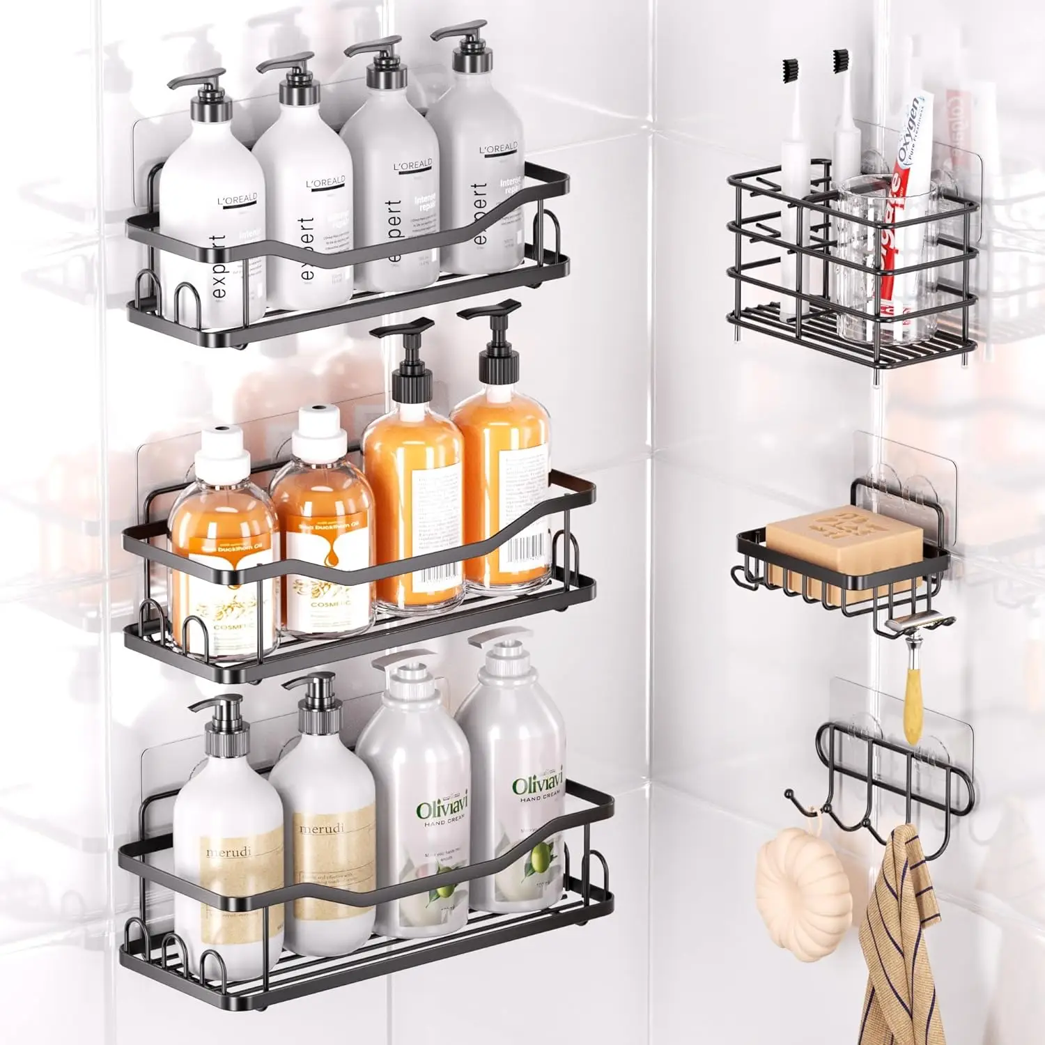 6 Pack Shower Caddy Shelf Bathroom Shower Organizer Rack No Drilling Multifunctional Organizer,Self Adhesive Black Bathroom Shelves Basket For Holding