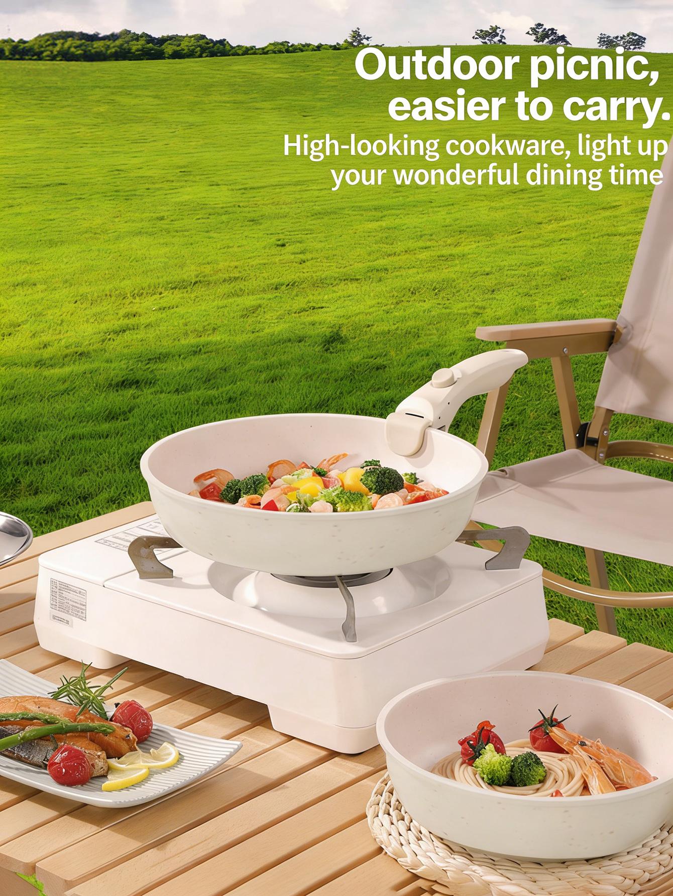 5-piece White non-stick ceramic cooking set, set of pots and pans, with detachable handles, ideal for daily cooking, RV camping and compact kitchens Cookware