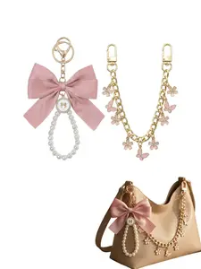 2pcs Coquette Pink Bow Pearl Keychain Pendant & Butterfly Flower Gold Chain Bag Charm Set, Trendy Cute Keychain, Y2K Aesthetic Purse Accessories For Women