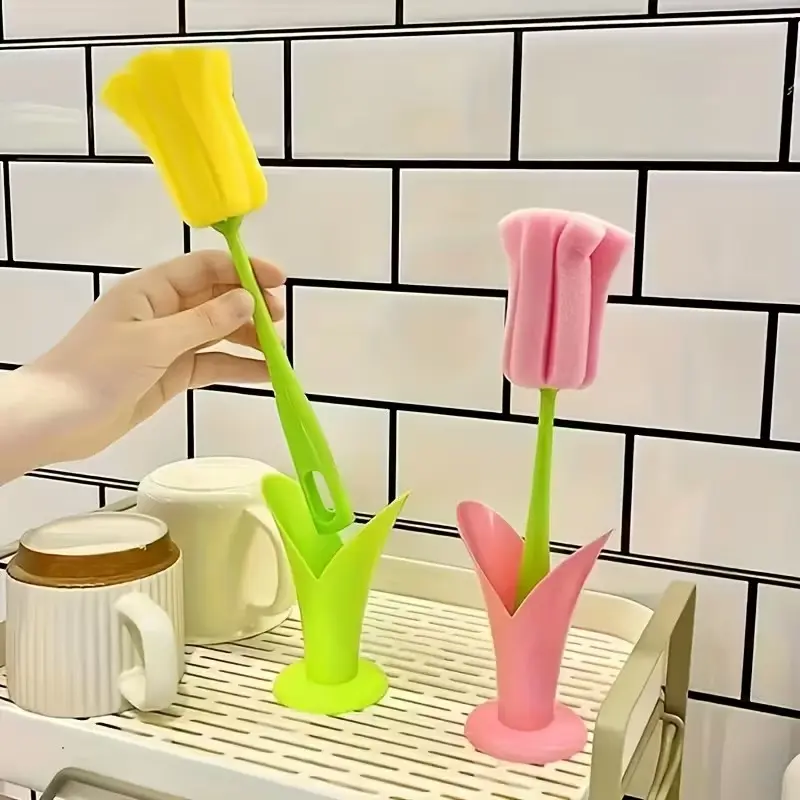 Reusable Tulip Style Cup Brush Long Handle, Detachable Sponge Head, Easy Clean Glass Cup Cleaner, Milk Residue Remover, Durable Kitchen Cleaning Tool