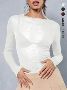 Women's Spring Valentine's Day Knitted Elastic Semi-Transparent Long Sleeve Round Neck Slim Fit T-Shirt, Fashion Daily Commute Top, Womenswear, Knitwear, Everyday, Casual, Basic