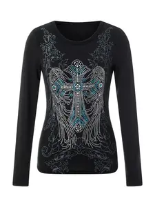 Women's Round Neck Long Sleeve Cross Rhinestone Pattern Top Spring Summer Clubwear Women's Rhinestone Decorated Tight Long Sleeve Shirt allie faith tube top outfit tana halter top taraswrld halter top babydoll top Women's Zippered Hooded Fleece Pullover