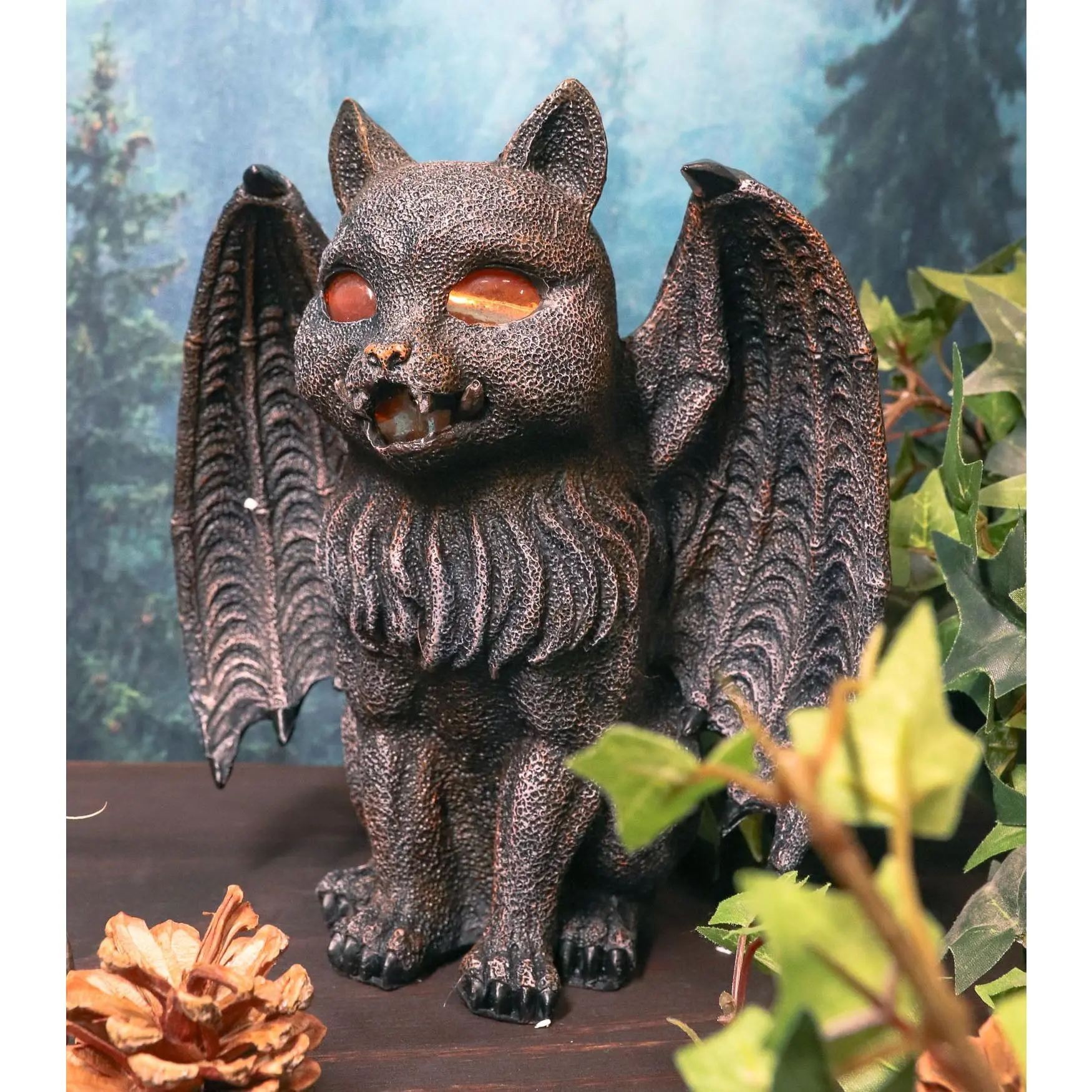 Ebros Winged Cat Gargoyle With Vampire Fangs Glowing Eyes Candle Holder Statue