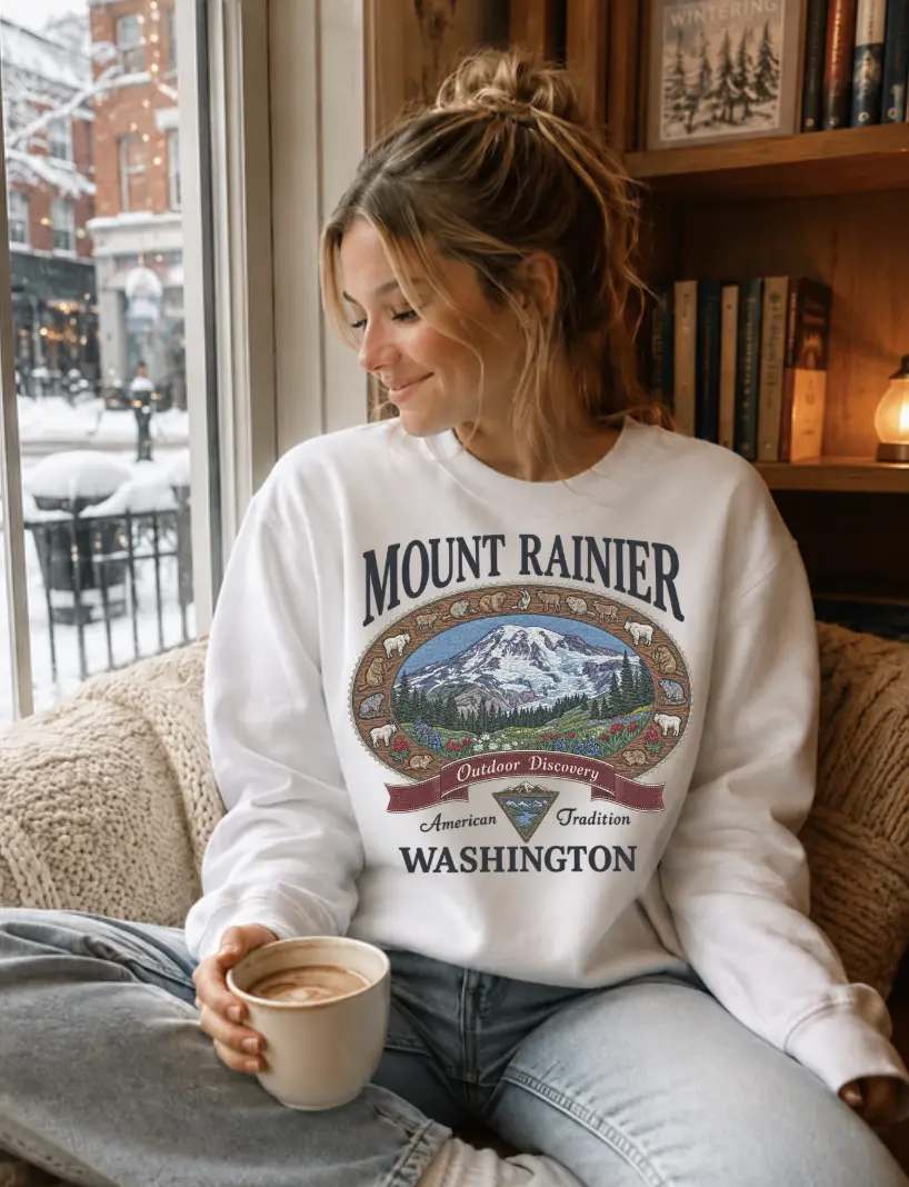 Retro Mount Rainier Washington Sweatshirt Vintage 90s Crewneck, Pacific Northwest Hiking Sweater, Old School Mountain Graphic Pullover, American Tradition Outdoor Sweatshirt, Nostalgic Gift