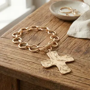 Vintage Gold Tone Cross Bracelet - Large Hammered Charm Link Chain - Trendy OT Clasp Wristband Jewelry