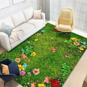 Green Grass Wildflower Flannel Area Rug - Realistic Lawn Flower Print Soft Mat for Living Room, Non-Slip Garden Home Decor #GrassRug #WildflowerLawnMat #GardenHomeDecor #RealisticLawnCarpet #NonSlipFlannelRug