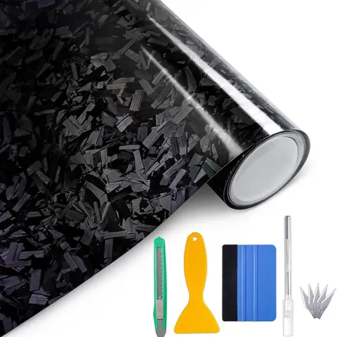 1ft x 5ft Forged Gloss Carbon Fiber Black Vinyl Wrap Roll Air Release Sticker Sheet Film DIY Decal Car Auto Vehicle Morotcycle Self Adhesive