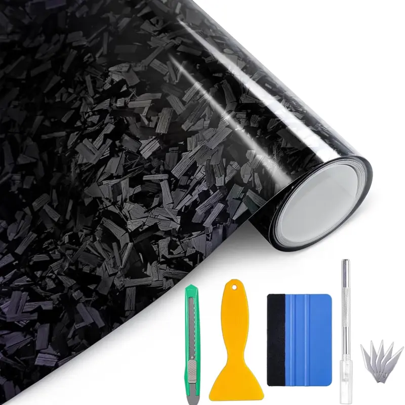 1ft x 5ft Forged Gloss Carbon Fiber Black Vinyl Wrap Roll Air Release Sticker Sheet Film DIY Decal Car Auto Vehicle Morotcycle Self Adhesive