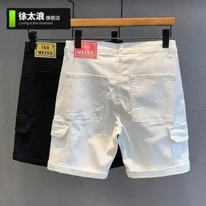 Summer 2025 Multi-pocket White Denim Men's Five-point Pants Loose Straight White Casual Tooling Jeans Shorts Low Rise Jeans