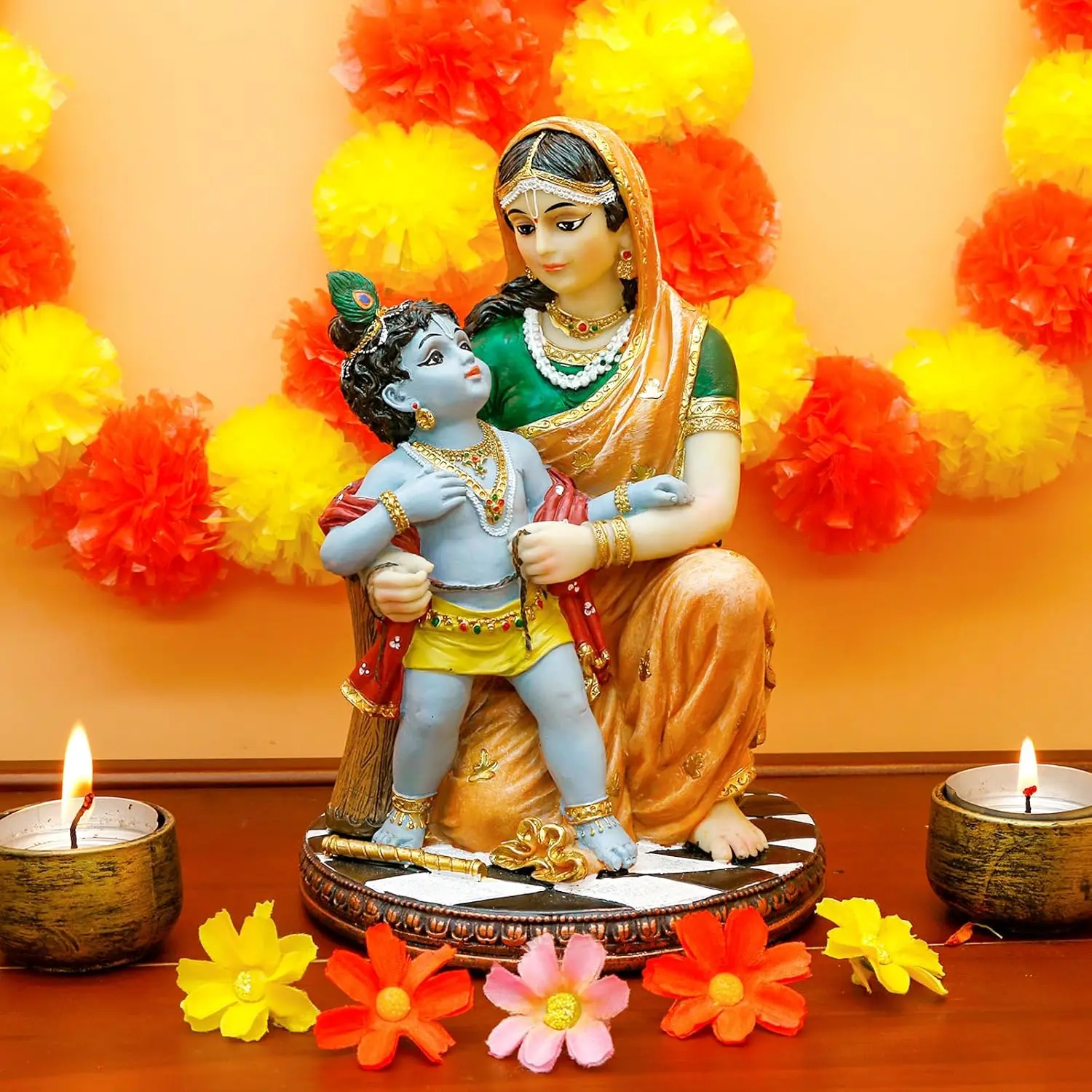7.9" High Polystone (Non-Toxic Resin) Hinduism Lord Damodara Baby Krishna & Maa Yashoda Murti Idol, 1.94lb Religious Decoration, Home Temple Mandir Altar Pooja Accent, Study Room Decor, Diwali Gift