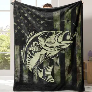 Fish & American Flag Pattern Flannel Blanket, 1 Count Soft Warm Throw Blanket with Storage Bag, Warm Nap Blanket for Home Office Travel Camping