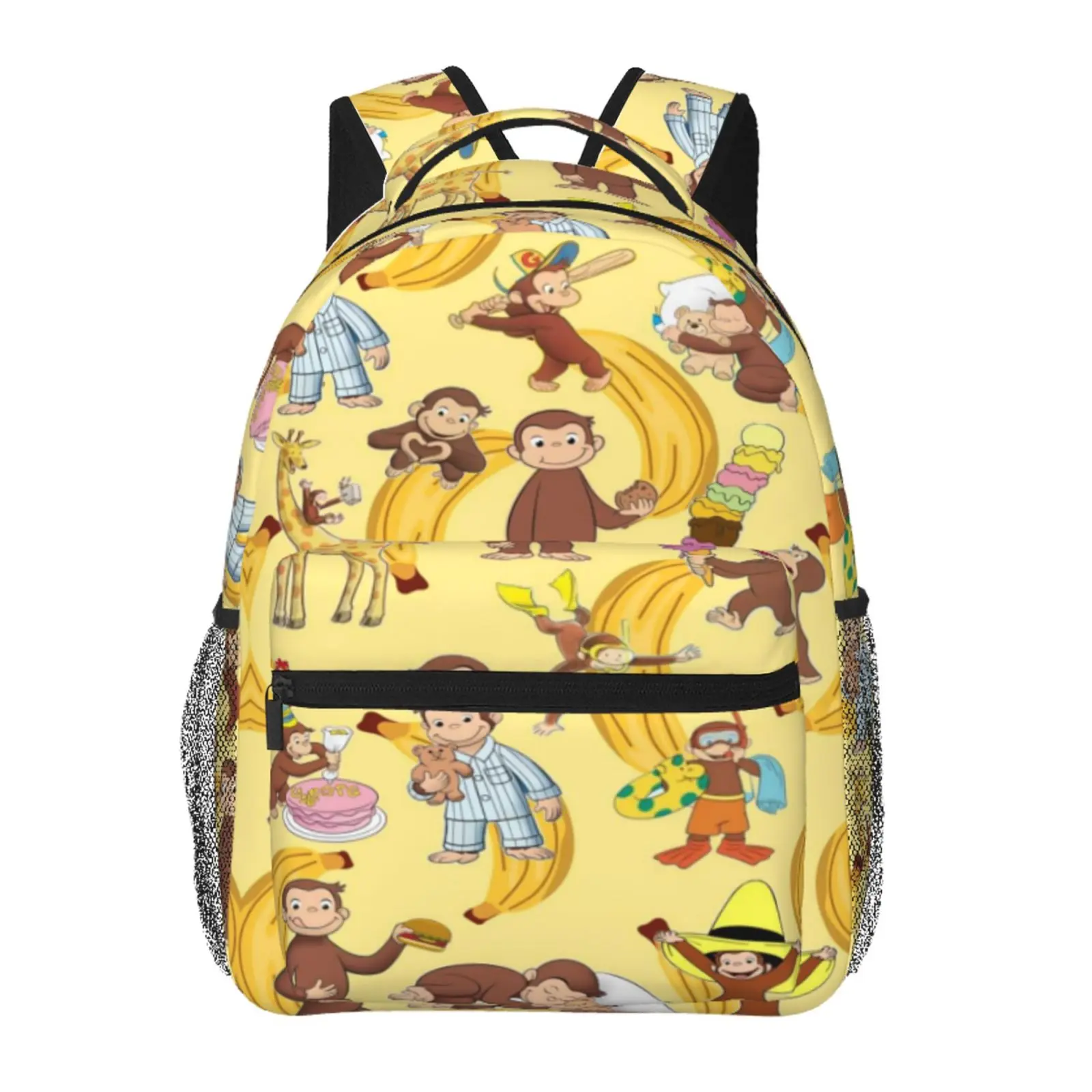 Curious George Scratch-Resistant Colorful Cartoon Backpack, Large-Capacity Bookbag for School & Campus Life, Casual Kids Backpack for Daily Use & Weekend Trips, Gift for Teens, All-Over Print, Multiple Pockets