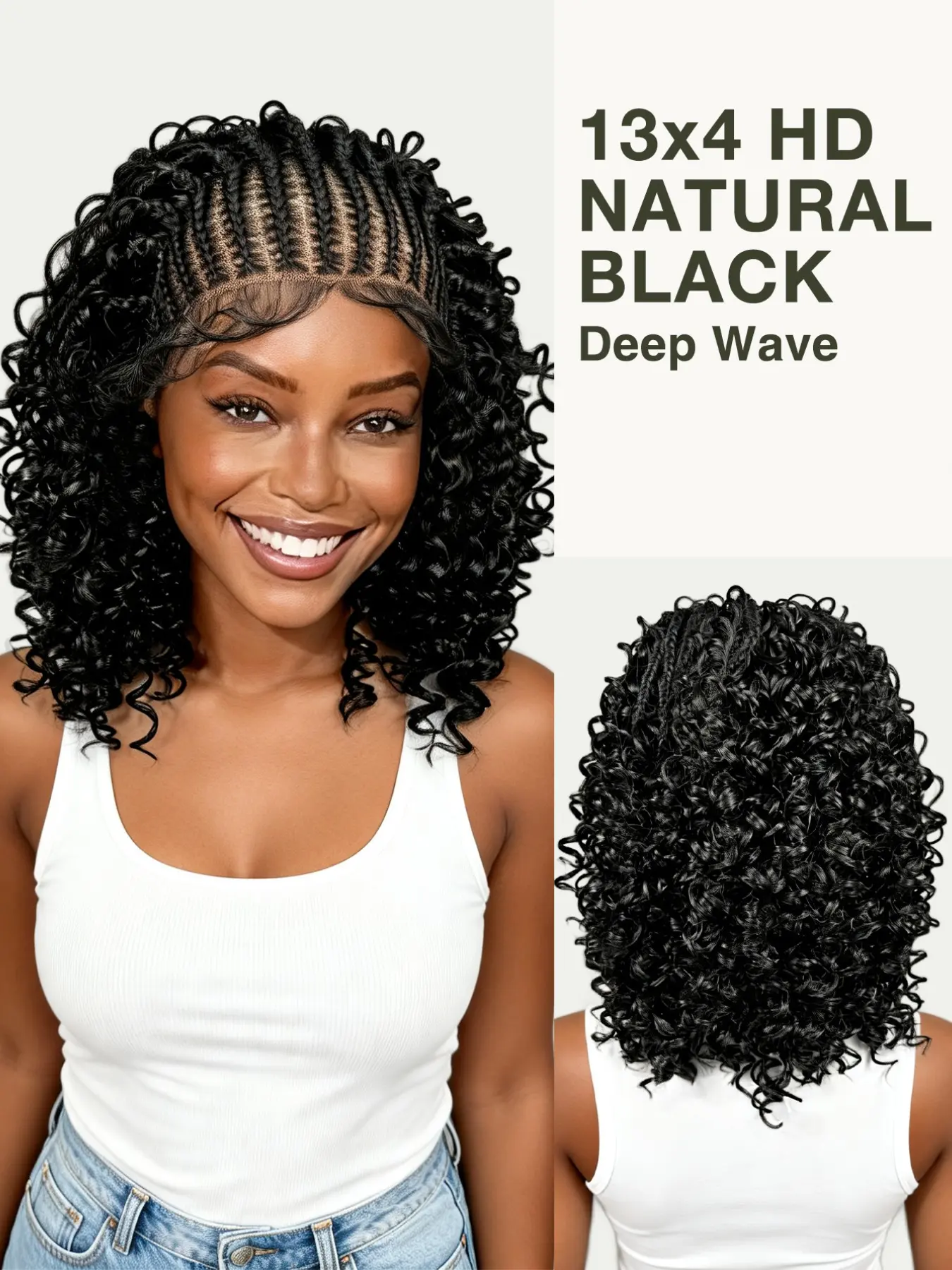 Pre-Braided Deep Wave Lace Front Wig, 13x4 HD Transparent Lace, Natural Curly Braided Wigs, Cornrow Braids Premium Synthetic Hair Wig with Baby Hair, Black Woman Wigs