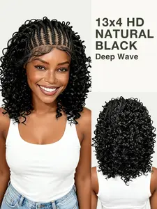 Pre-Braided Deep Wave Lace Front Wig, 13x4 HD Transparent Lace, Natural Curly Braided Wigs, Cornrow Braids Synthetic Wig with Baby Hair
