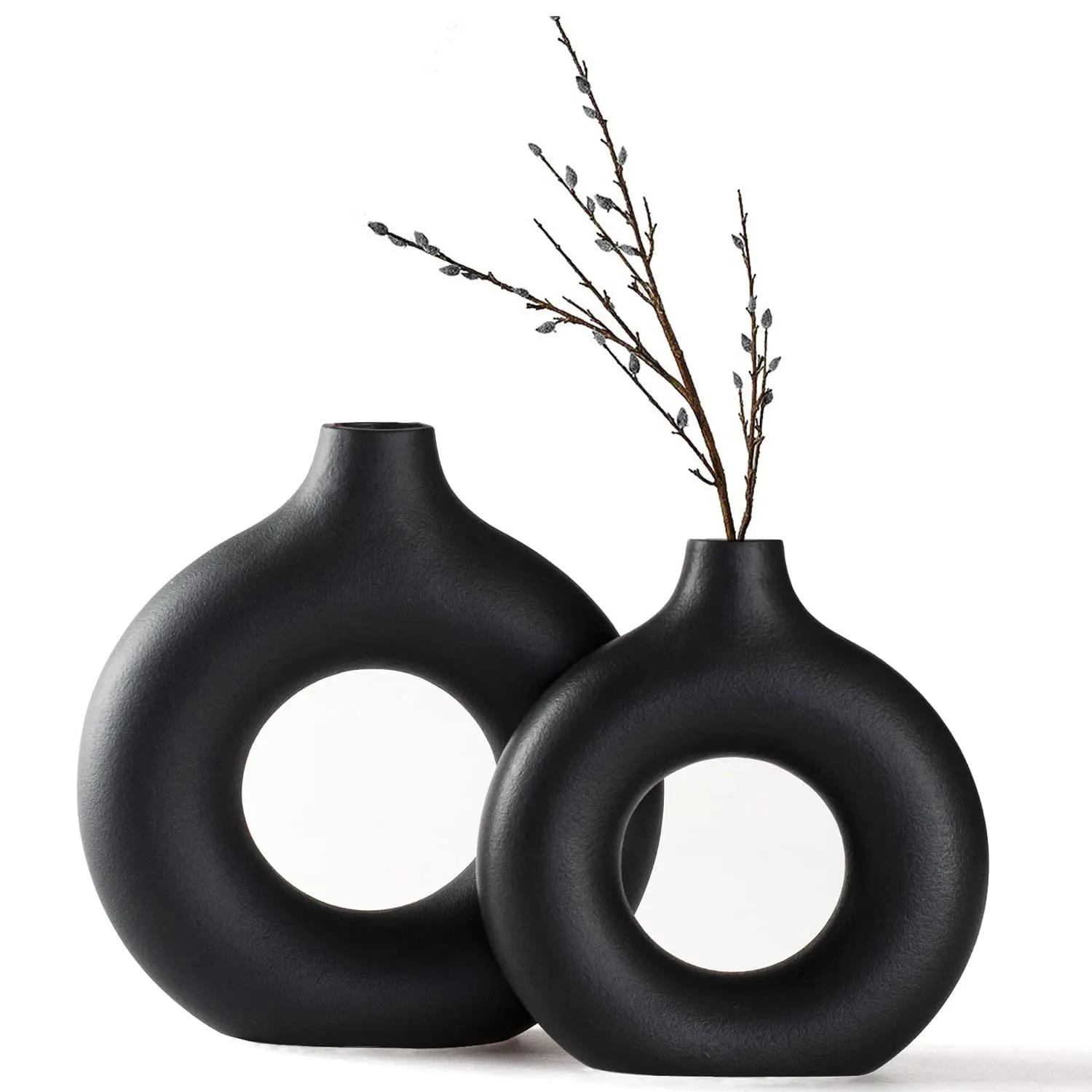 White Donut Hollow Ceramic Vase - Handmade Minimalist Boho Style for Flowers, Living Room, Office, Bedroom, Wedding Dinner Table Party